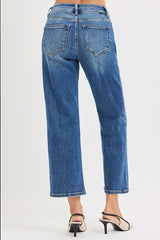 High Rise Straight Crop Seam Detail Jeans Dark