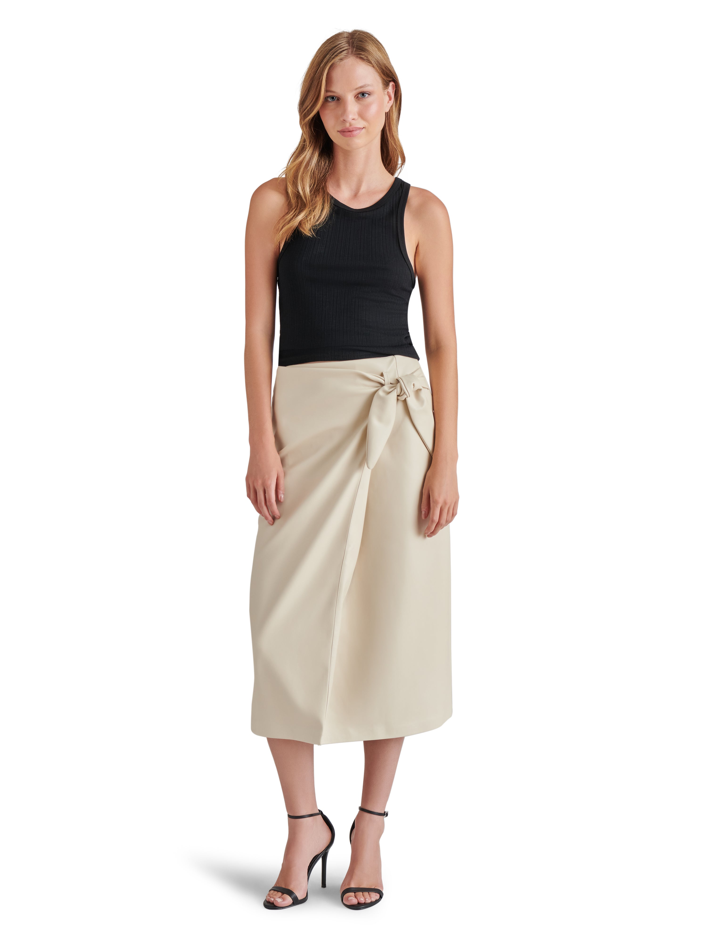 Navia Side Tie Midi Leather Skirt Bone