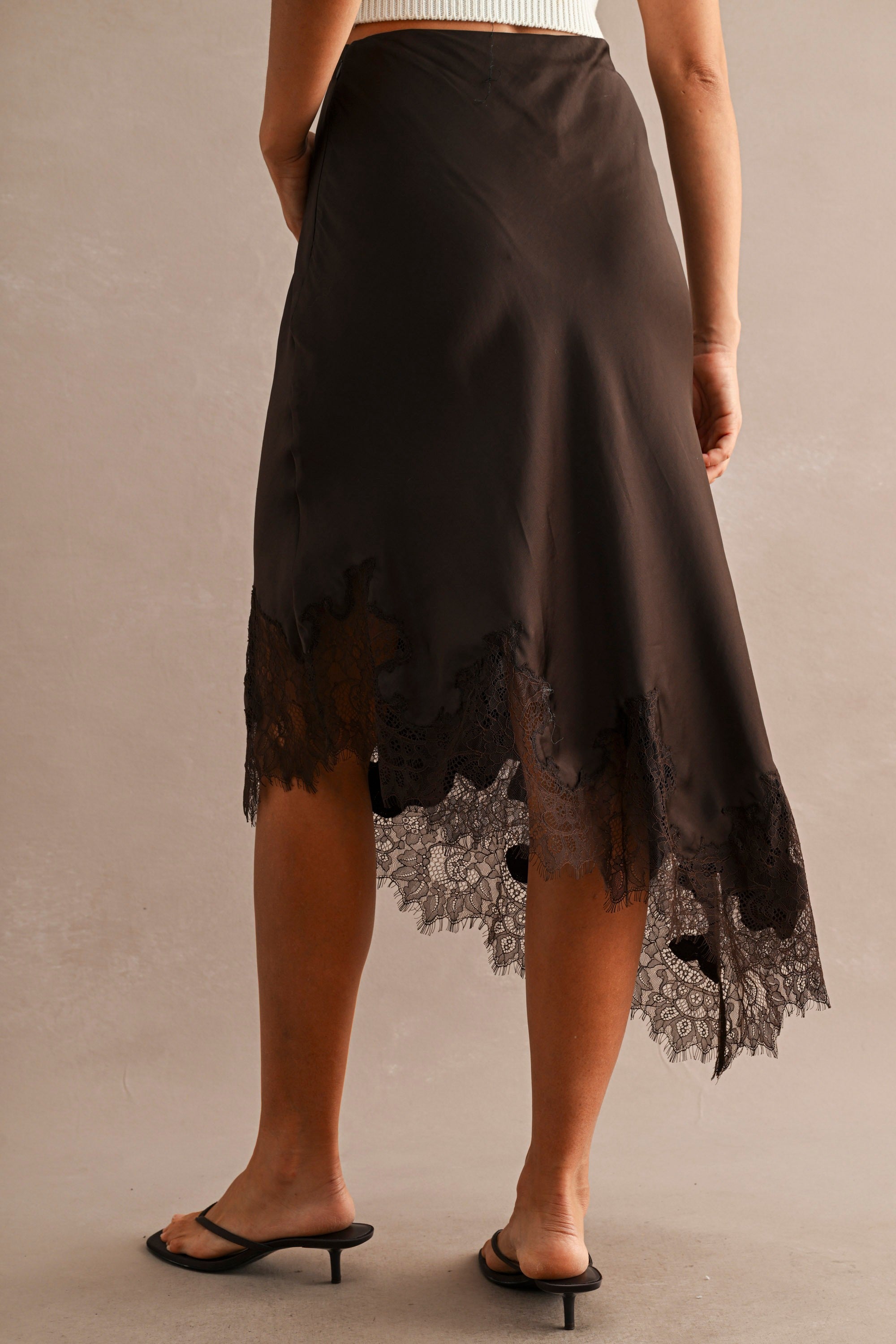 High Waisted Lace Trim Asymmetric Hem Midi Skirt Chocolate Brown