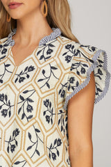 Flutter Sleeve Embroidered Floral Diamonds Top Navy