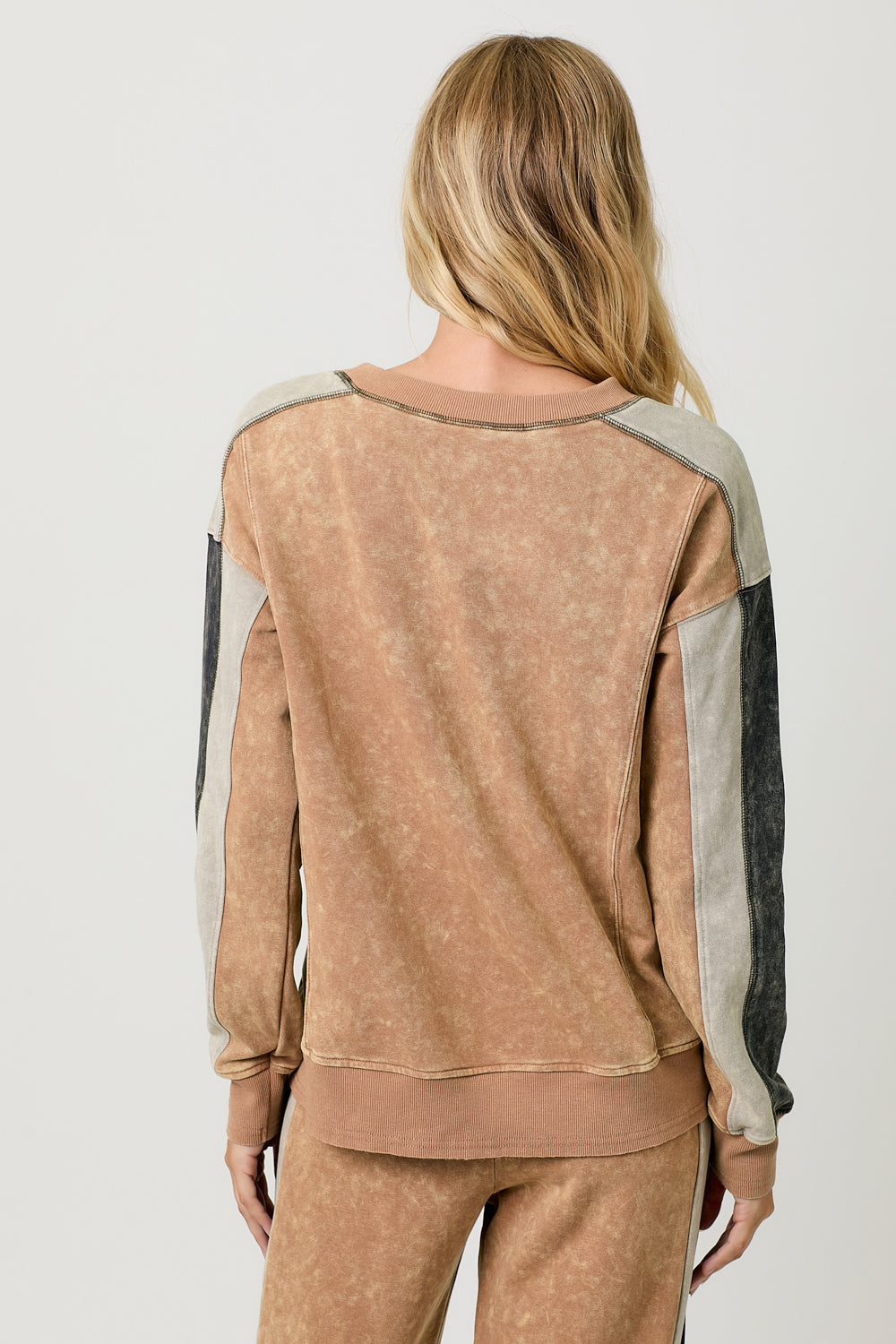Washed Colorblock Crew Neck Terry Pullover Washed Honey