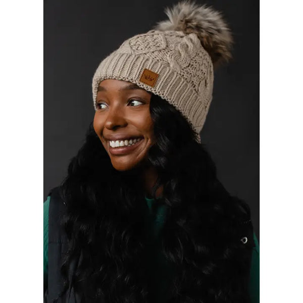 Cable Knit Natural Pom Hat Taupe