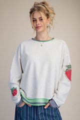 Strawberry Patch Washed Terry Pullover Light Heather Grey