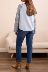 Printed Flare Sleeve Scoop Neck Sweater Chambray