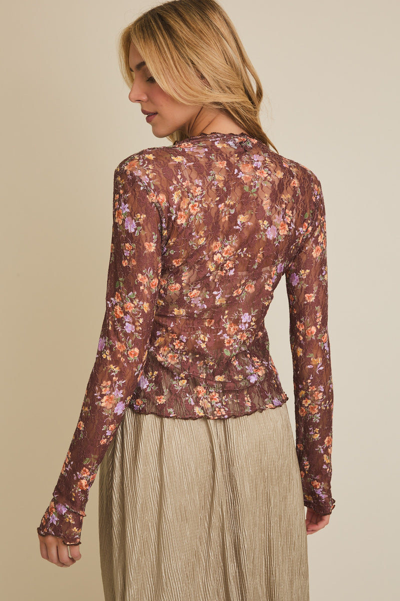 Floral Lace Mesh Long Sleeve Top Brown Multi