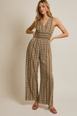 Aztec Sleeveless Smocked Waist Jumpsuit Olive Cream Stripe