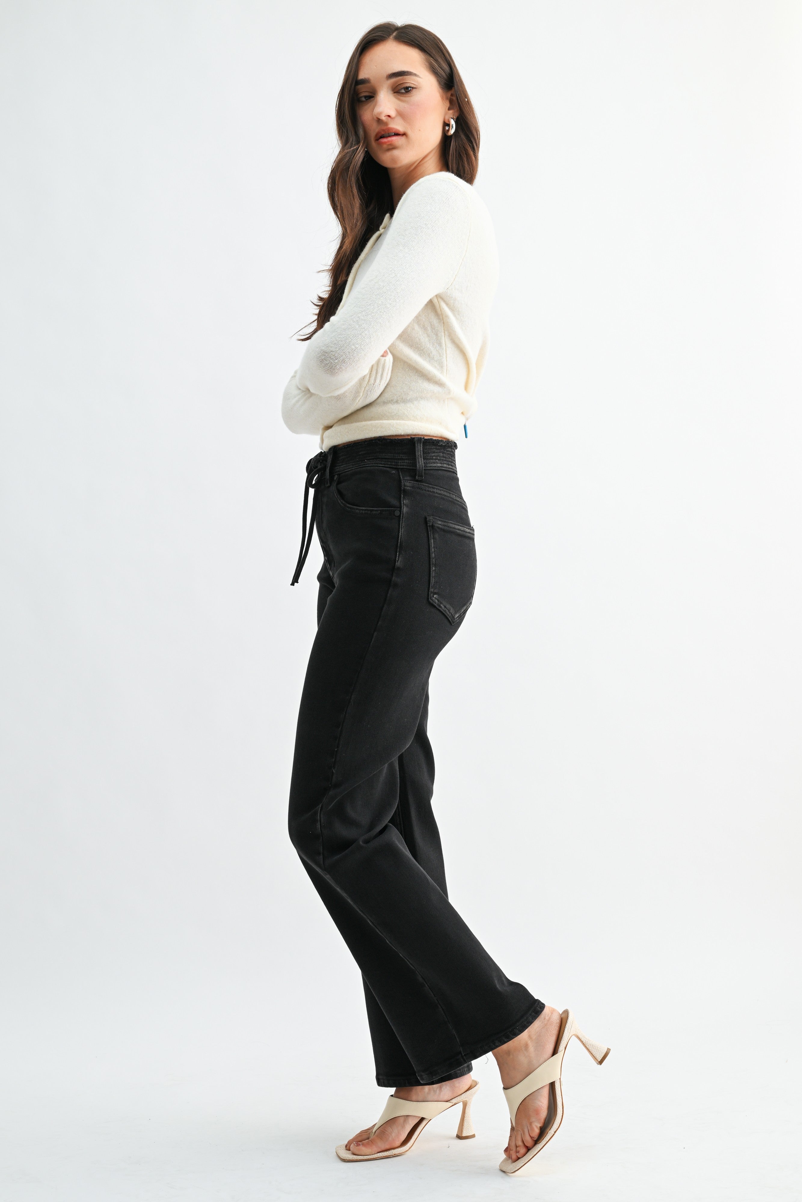 Drawstring Straight Leg Denim Pants Washed Black