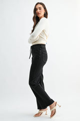 Drawstring Straight Leg Denim Pants Washed Black