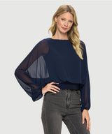 Chiffon Batwing Back Tie Banded Waist Top Navy