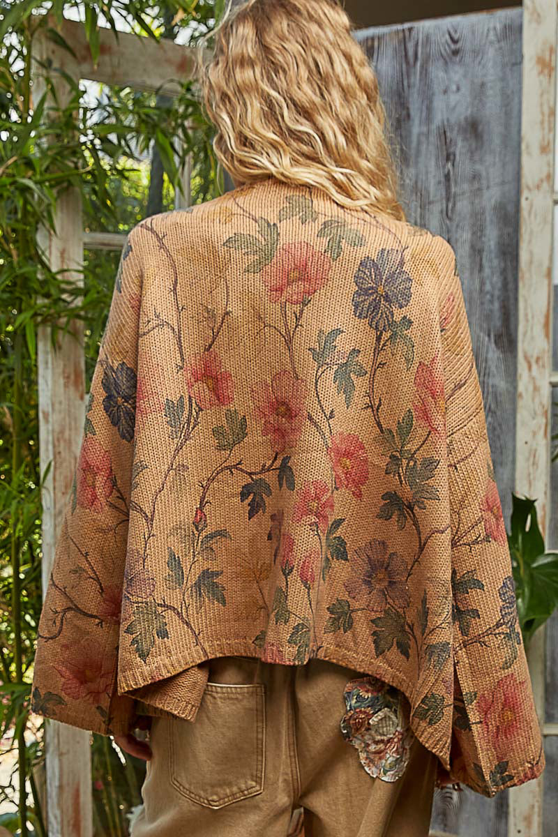 Front Fringe Floral Sweater Cardigan Mocha
