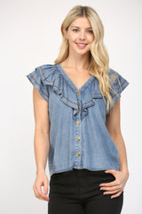 V Neck Ruffle Overlay Trim Blouse Indigo