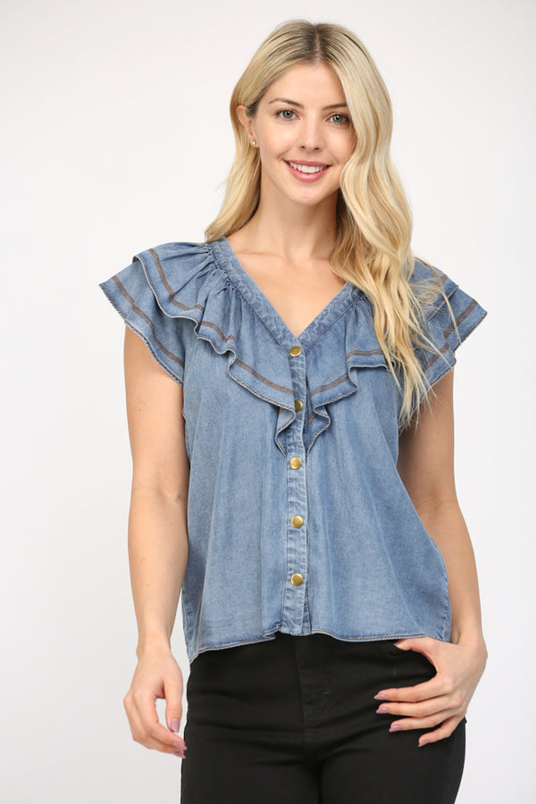 V Neck Ruffle Overlay Trim Blouse