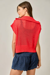 Fishnet 3/4 Zip Short Sleeve Relaxed Sweater Red