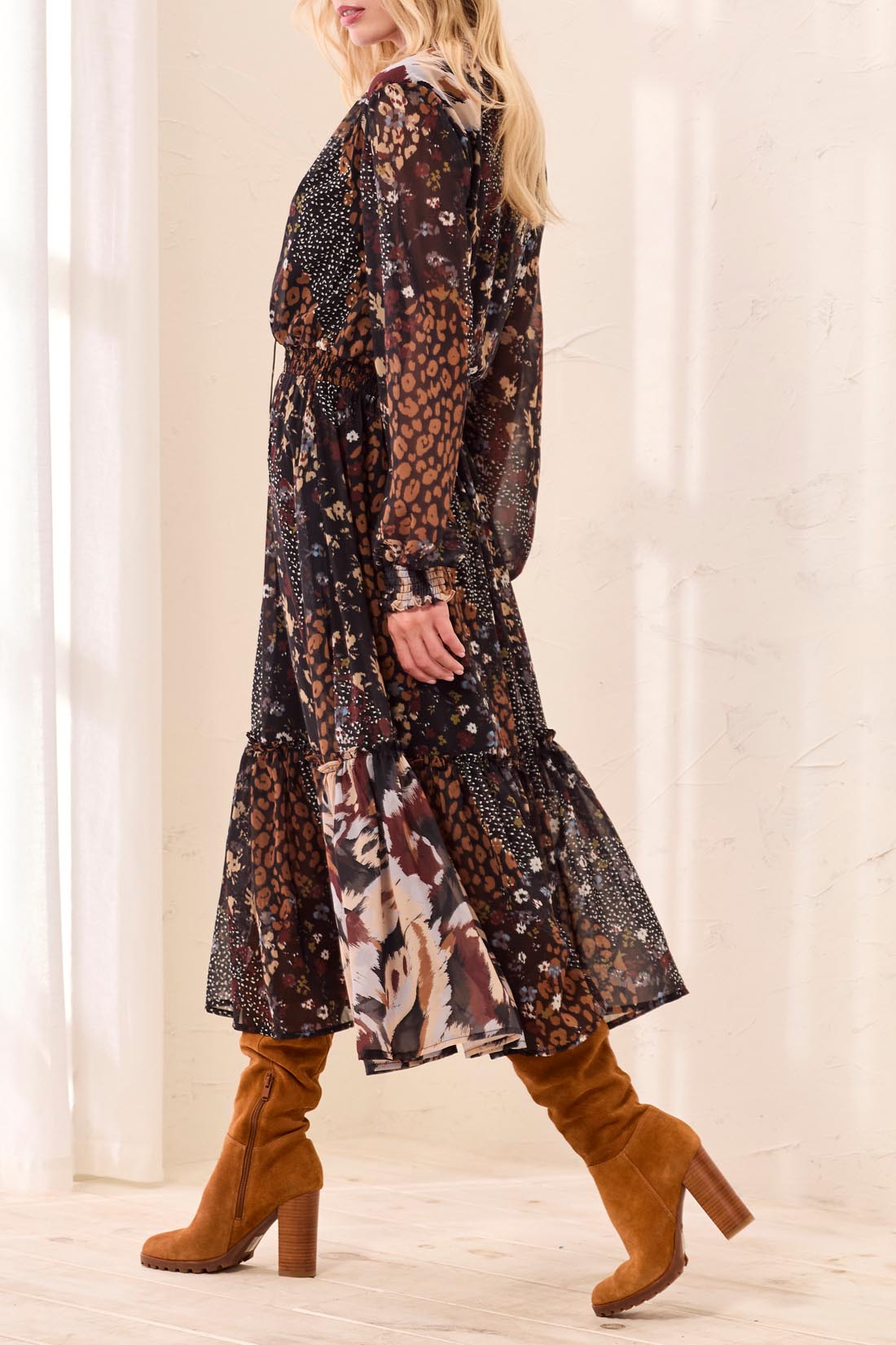 Mixed Print Drama Smocked Maxi Dress Rustic Brown