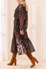 Mixed Print Drama Smocked Maxi Dress Rustic Brown