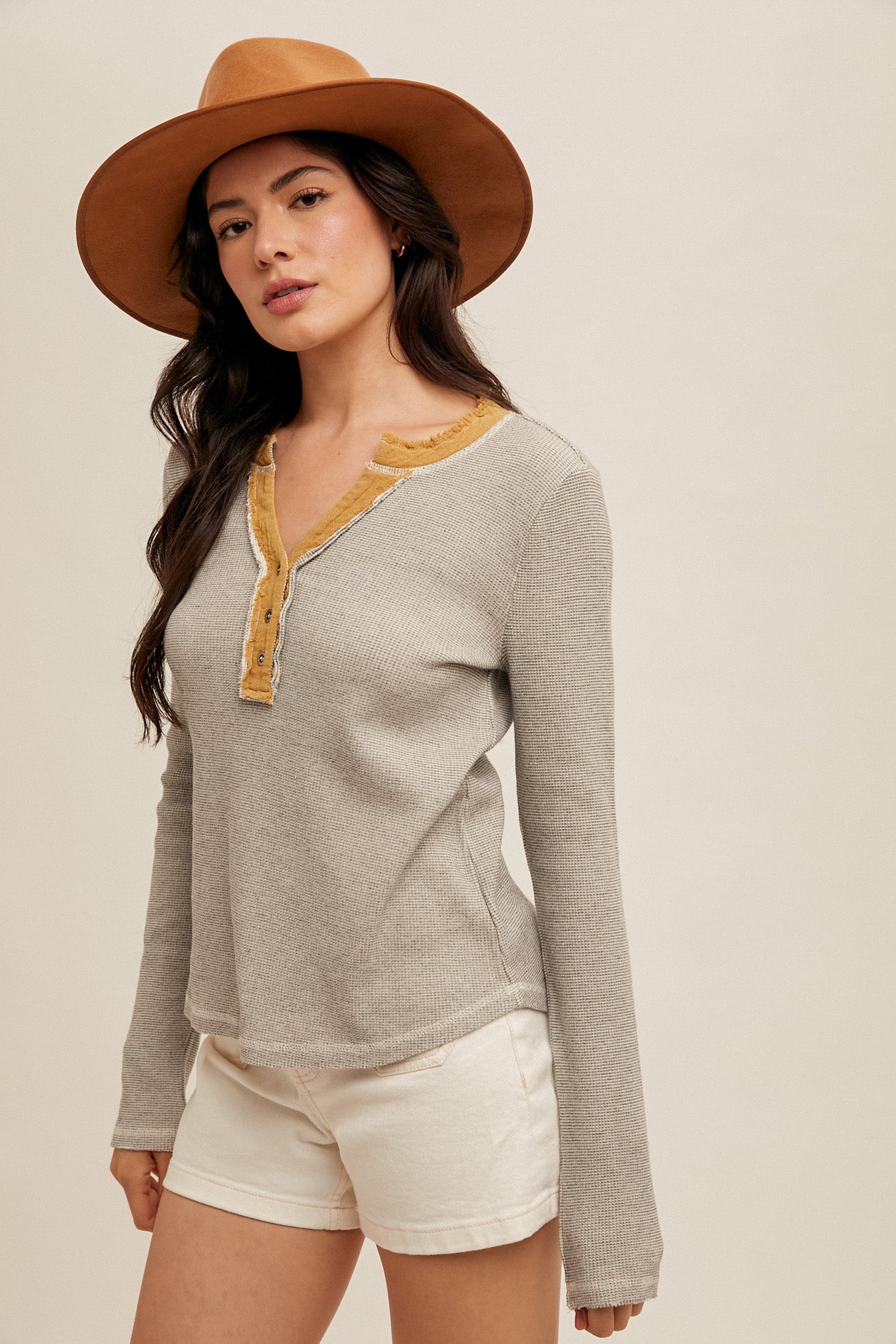 Raw Edge Distressed Washed Thermal Henley Heather Grey