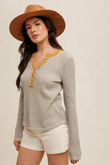 Raw Edge Distressed Washed Thermal Henley Heather Grey