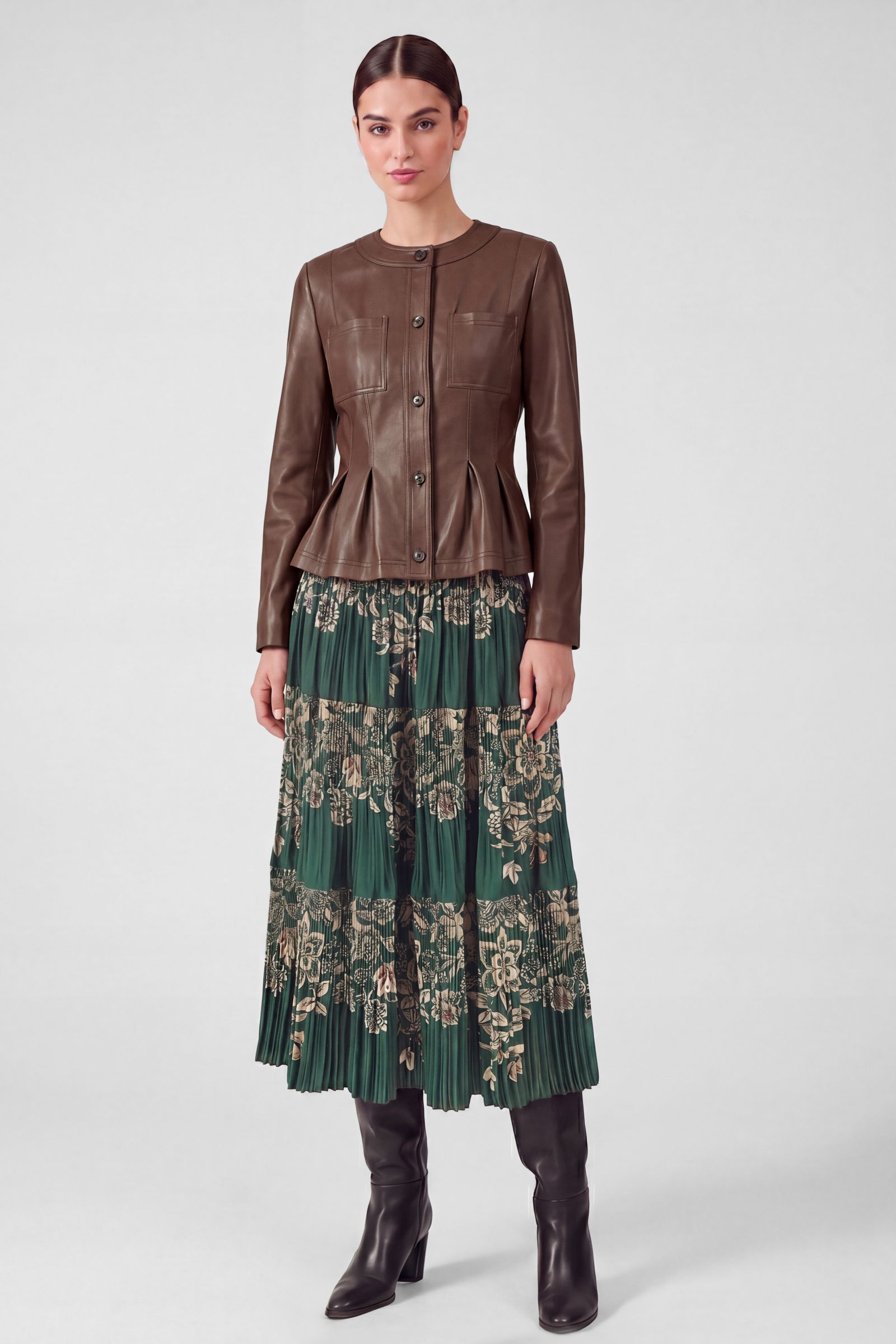 Leather Pleated Peplum Jacket Brown