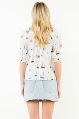 Puff Sleeve Sailboat Pattern V-Neck Top Cream