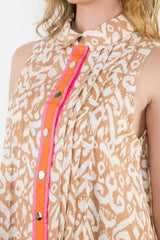 Aztec Print Taped Button Detail Dress Beige