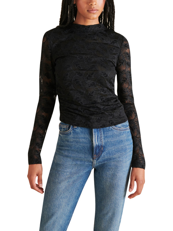 Cherie Mock Neck Side Ruching Lace Sleeve Top Black