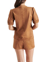 Jane Puff Sleeve Notch Neck Suede Top Toasted Coconut