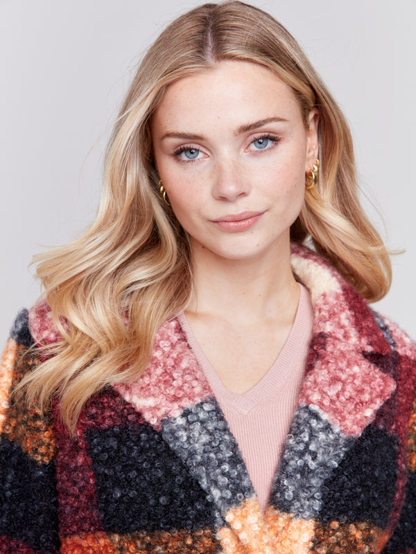 Plaid Boucle Knit Coat Cabernet