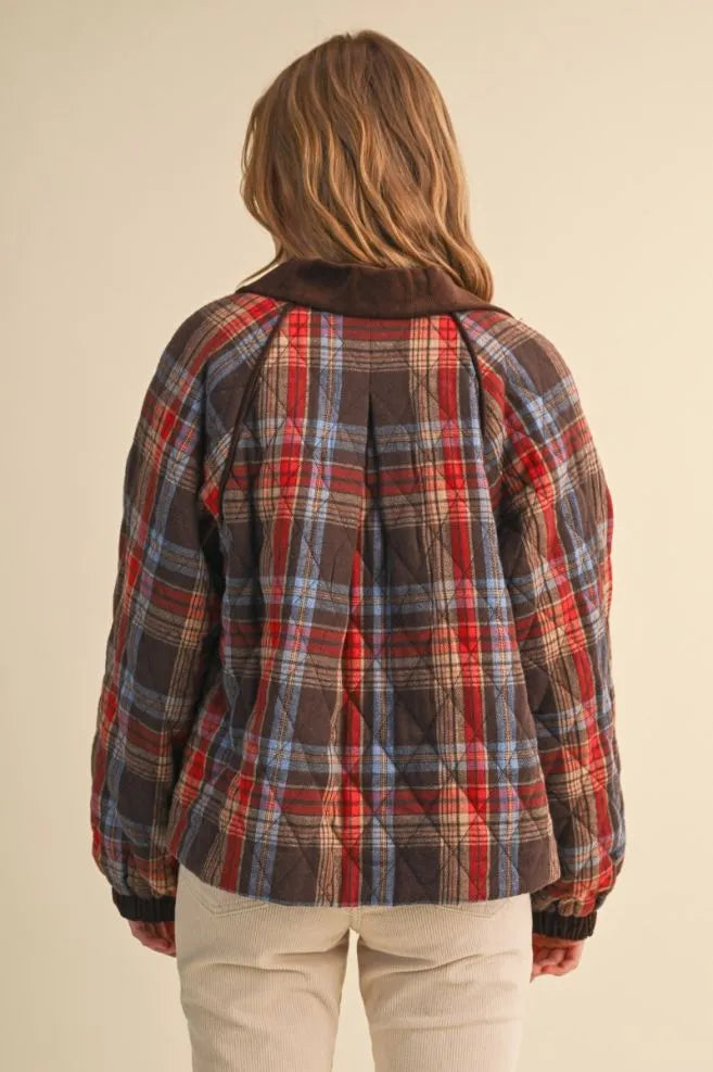 Corduroy Detail Plaid Quilted Jacket Brown Red