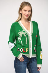 Golf Embroidered Patch Cardigan Field Green