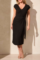 Textured Side Tie Short Sleeve Midi Dress Black