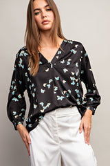 Butterfly Print Button Cuff Blouse Blue