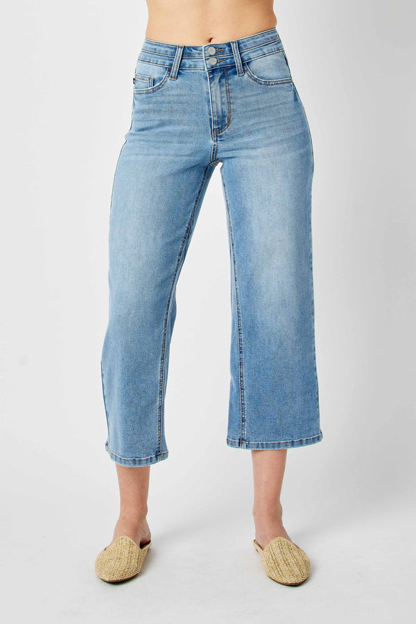 Double Button High Rise Crop Wide Leg Jeans Medium
