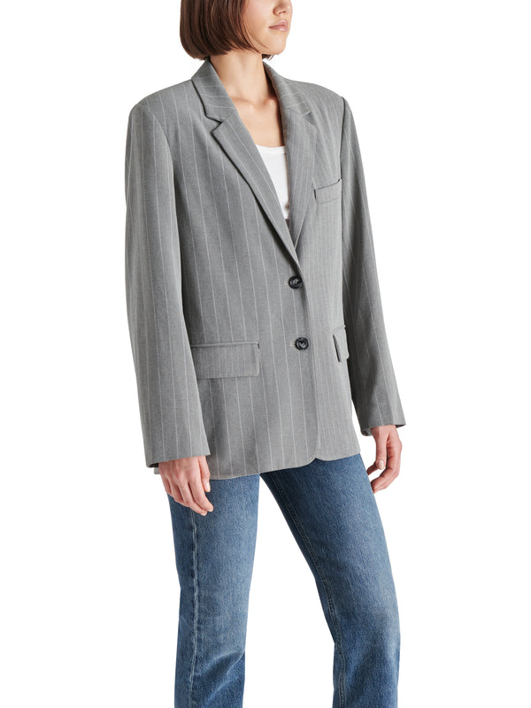 Noellie Single Breasted Boyfriend Blazer Grey + White Pinstripe