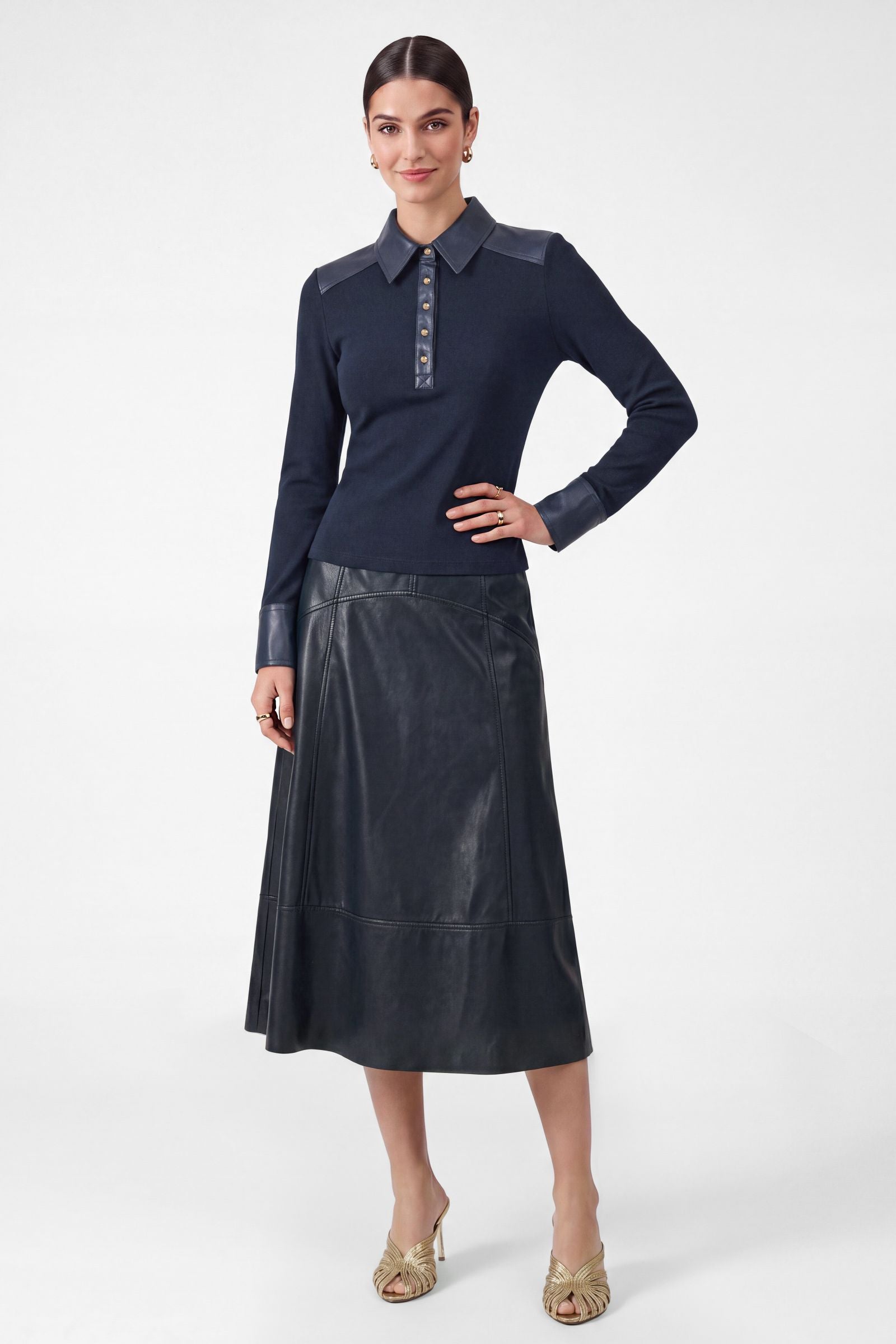 A-line Midi Leather Pull On Skirt Navy