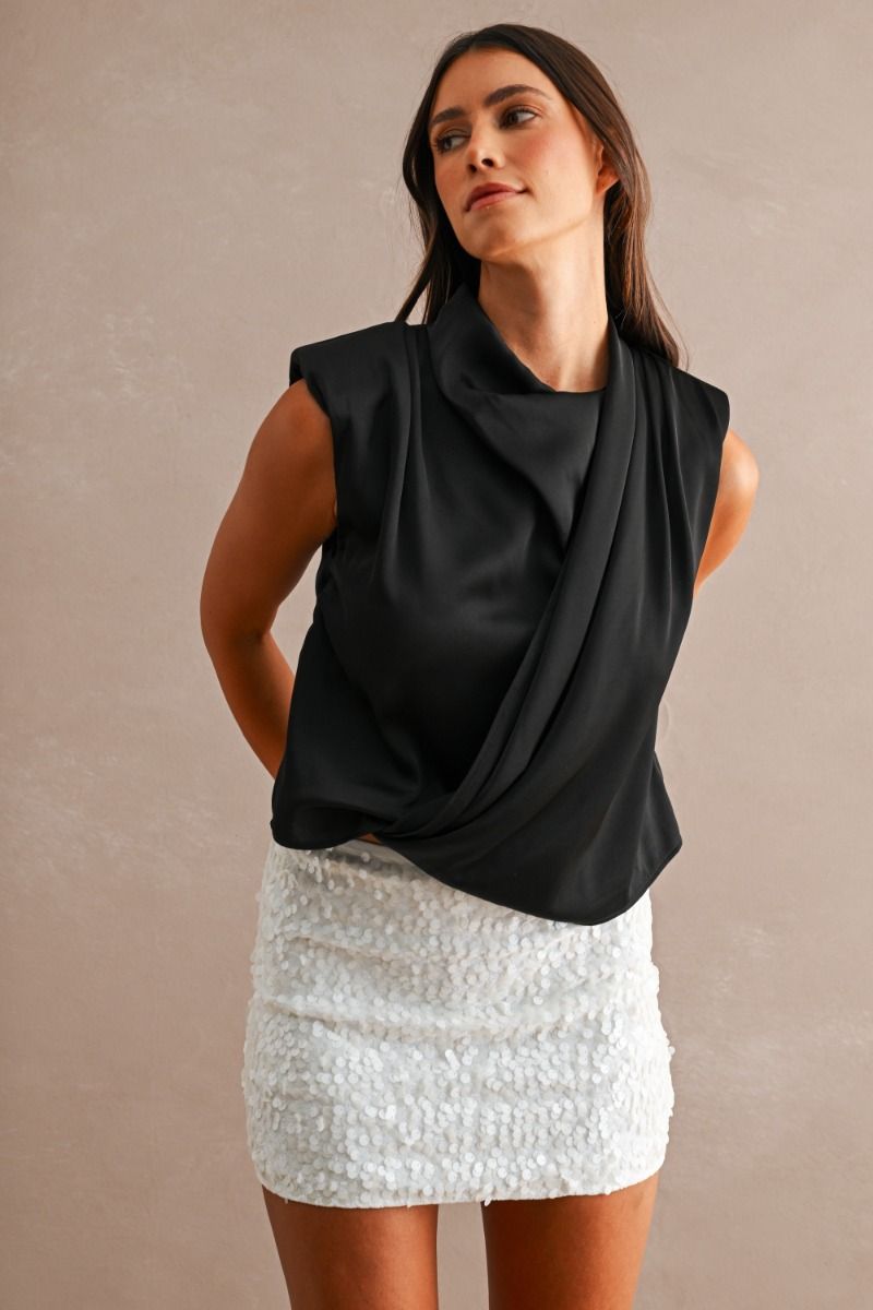 Drape Neck Crossover Padded Shoulder Top Black