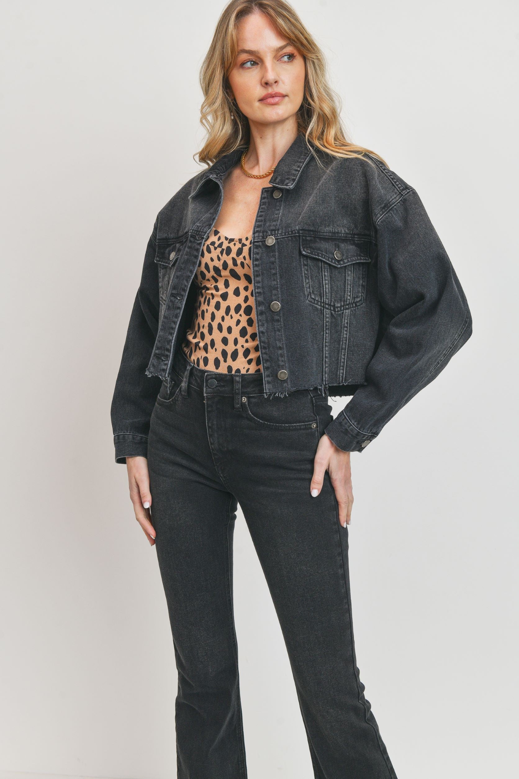 Cropped Boyfriend Denim Jacket Washed Black