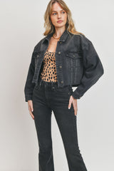 Cropped Boyfriend Denim Jacket Washed Black