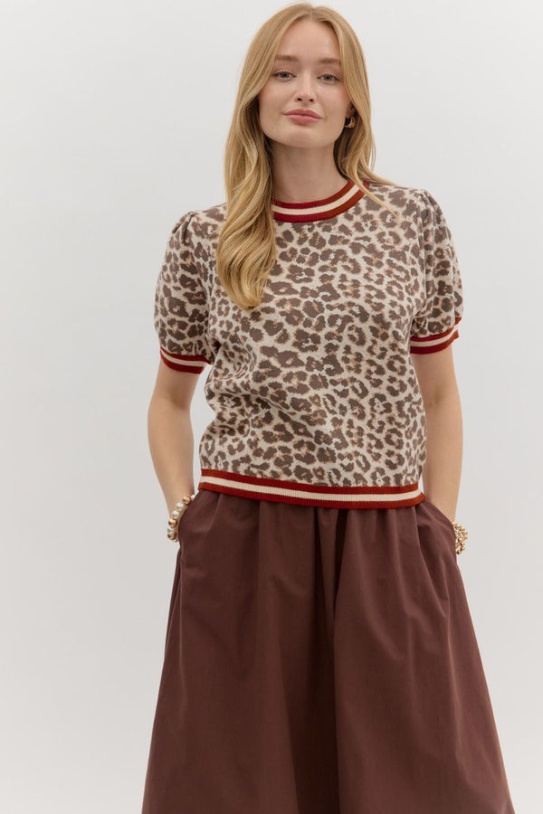 Leopard Pattern Short Puff Sleeve Banded Accent Top Ecru