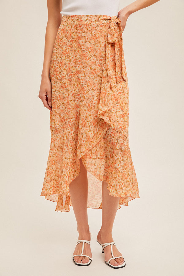 Floral Asymmetric Ruffle Belted Midi Skirt