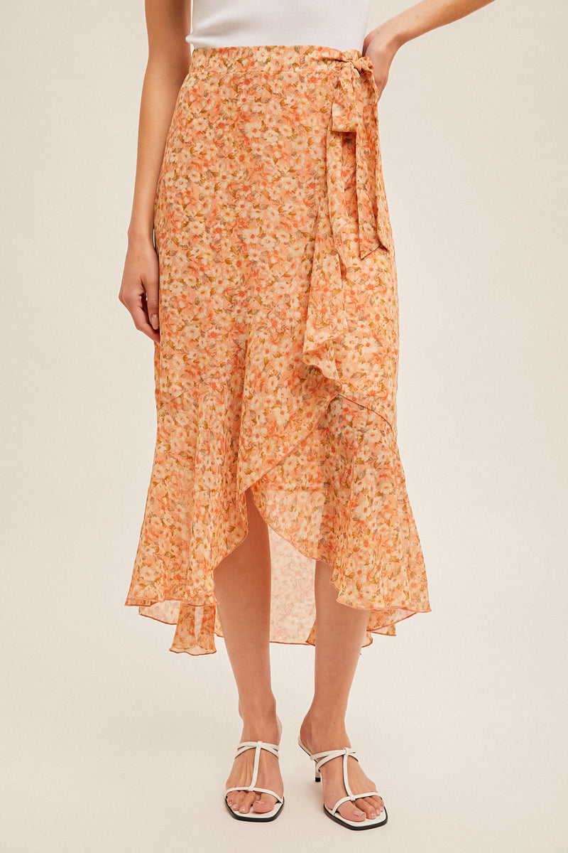 Floral Asymmetric Ruffle Belted Midi Skirt