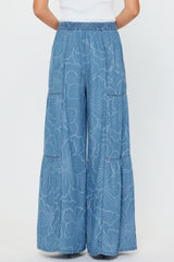 Floral Printed Wide Leg Palazzo Pants Floral Chambray