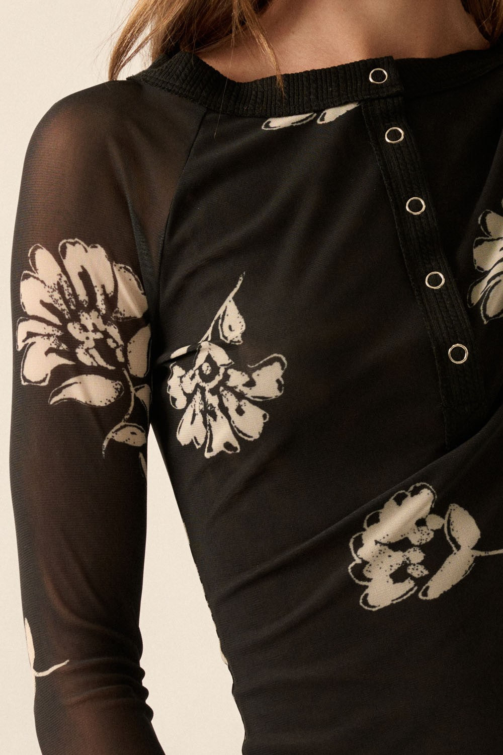 Floral Mesh Raglan Sleeve Henley Top Black