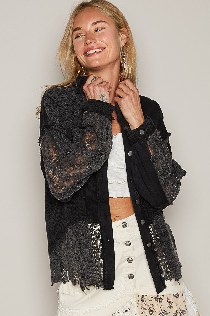 Oversize Crochet Lace Contrast Button Down Jacket