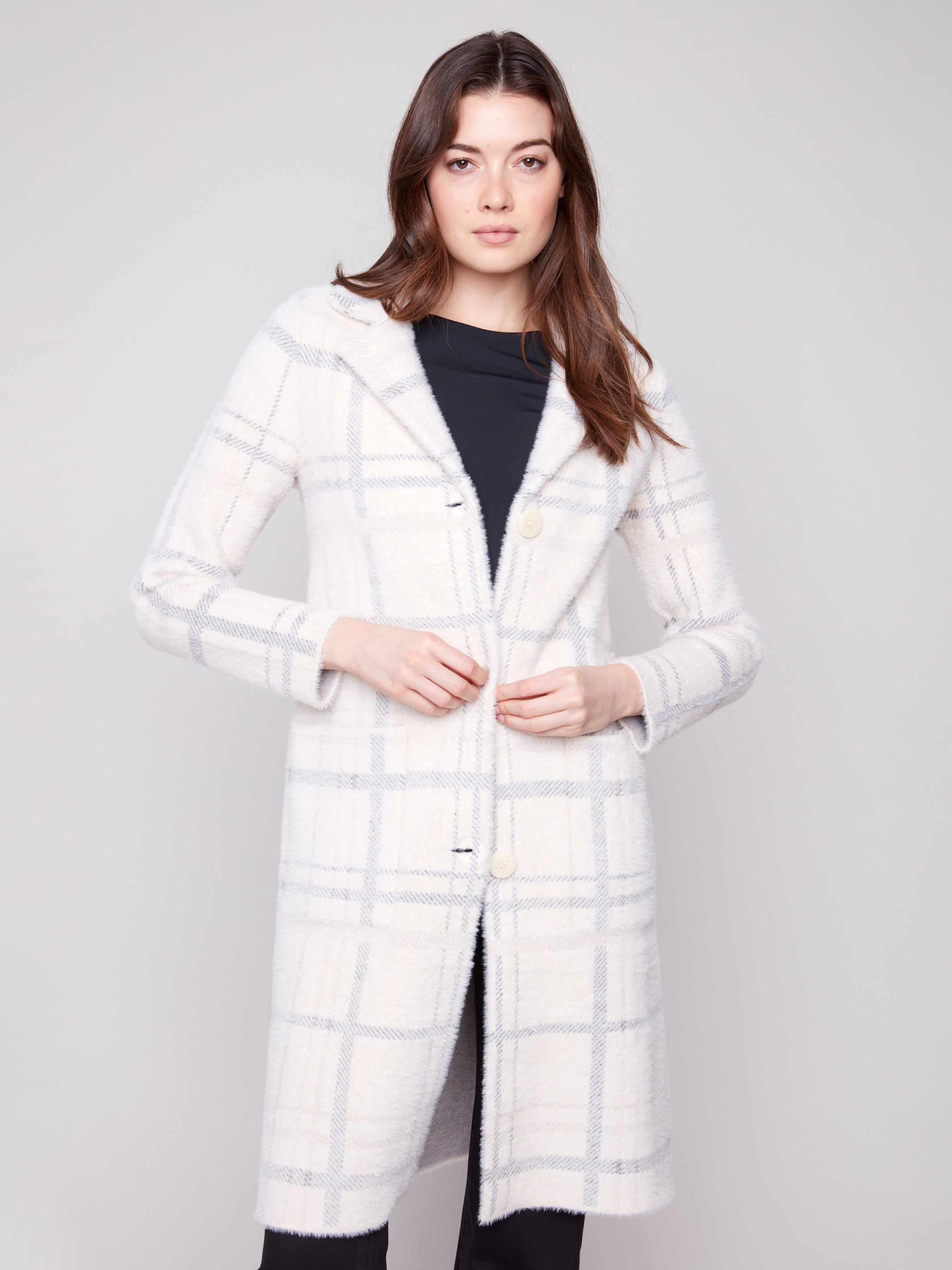 Plaid Patch Pocket Knit Coatigan Ivory