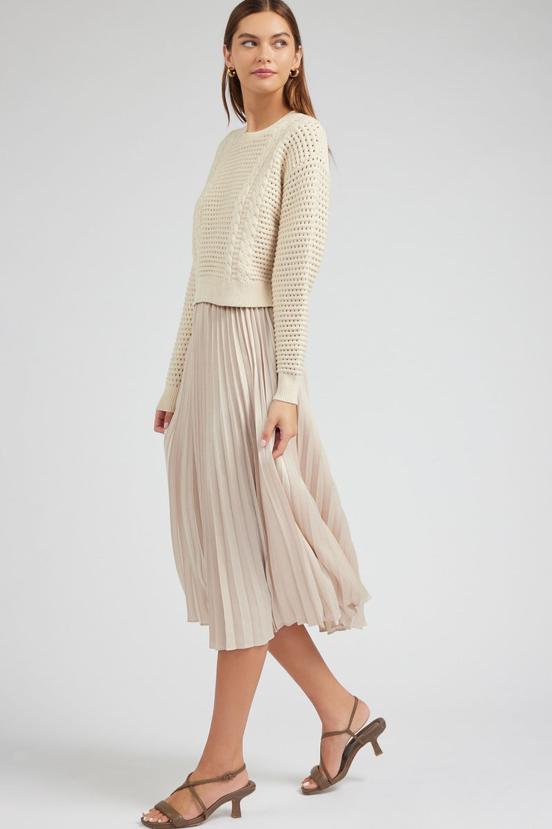 Pullover Sweater Pleated Midi Dress Set Champagne