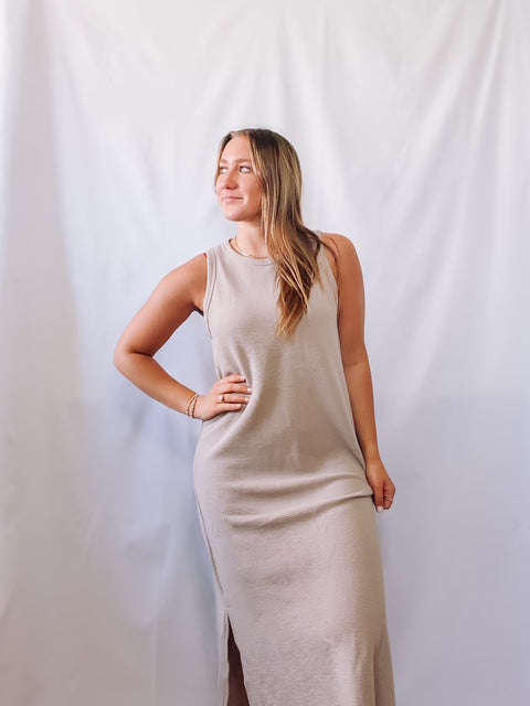 Round Neck Sleeveless Cloudy Knit Maxi Dress Taupe