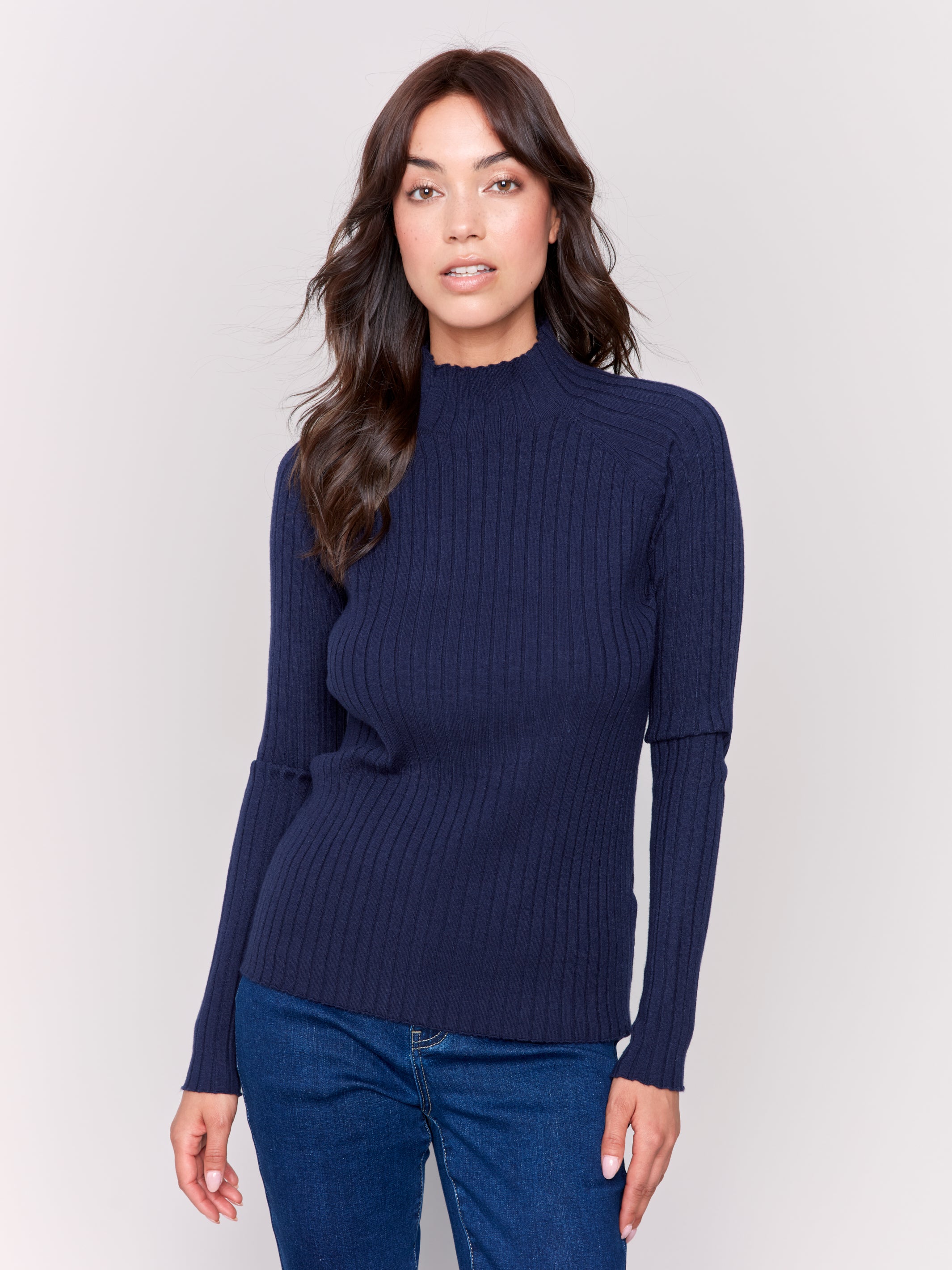Basic Ribbed Mock Neck Sweater Top Navy