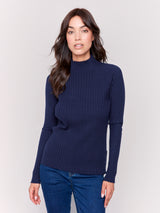 Basic Ribbed Mock Neck Sweater Top Navy