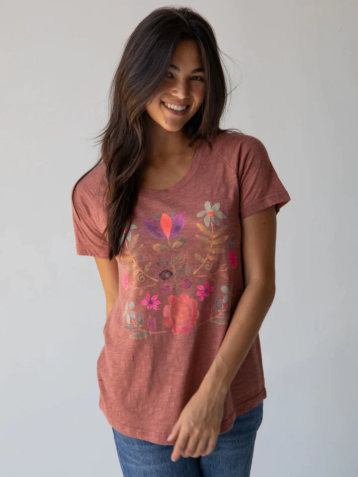 Boho Folk Flower Graphic Tee Rust