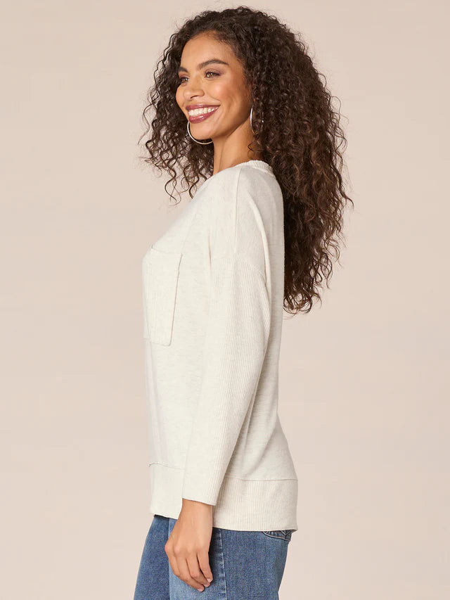 Asymmetric Hem Spliced Mix Media Pocket Top Heather Cream